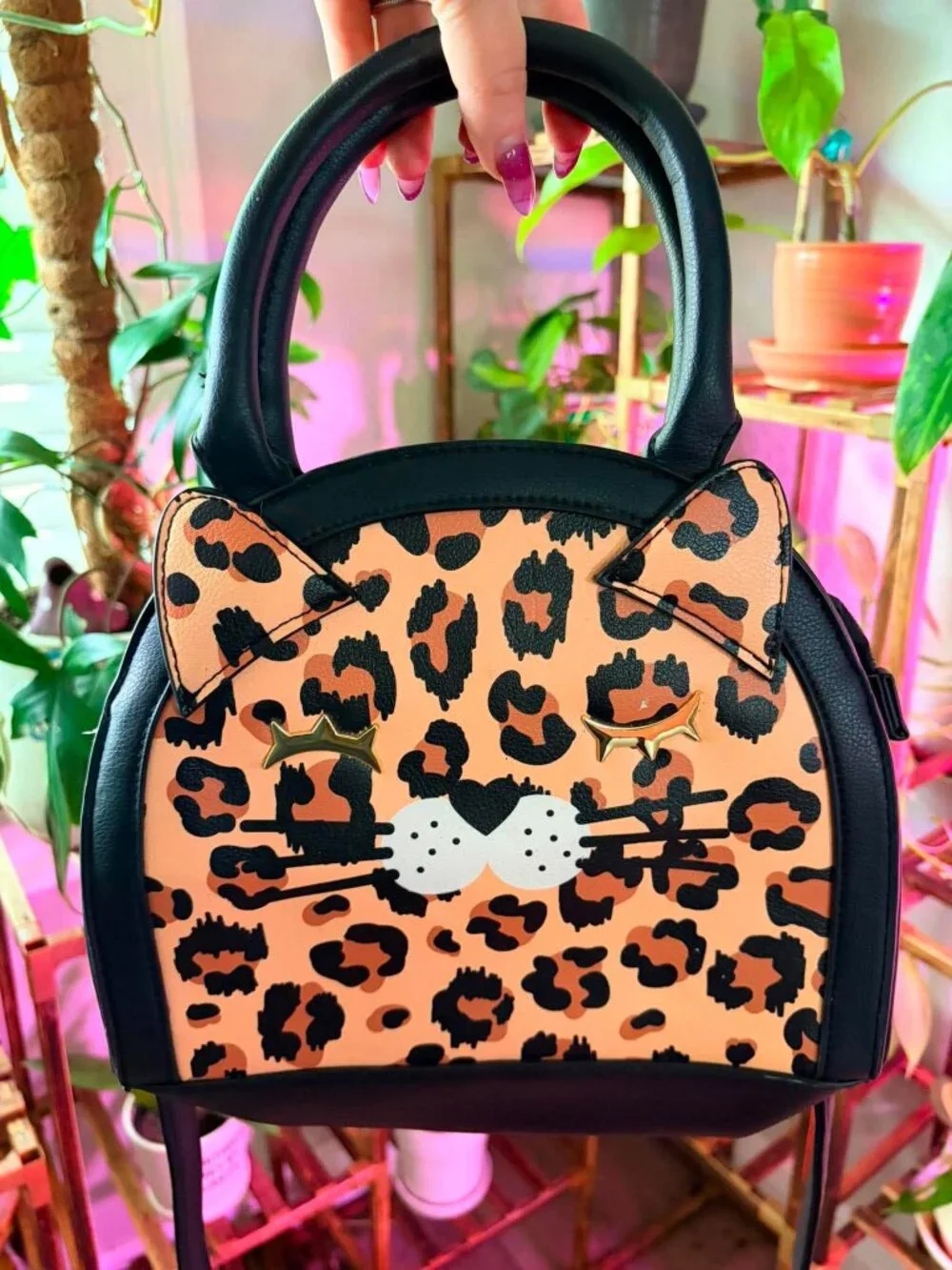 Betsey Johnson Leopard Cat Face Crossbody Satchel Purse Animal Print Kitty Bag